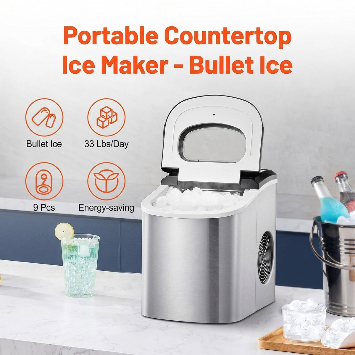 FrosTikox Compact Countertop Ice Maker Machine with 33lbs Daily Output