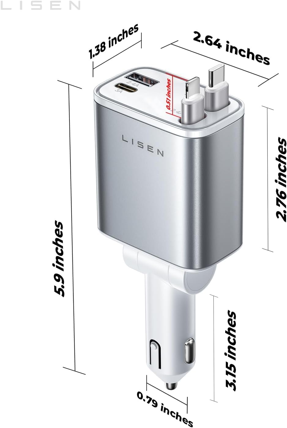 LISEN Retractable Car Charger, 84W Car Charger USB C Fast Charge,4 in 1