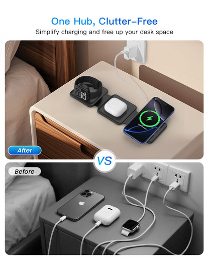 3 in 1 Charging Station, Foldable Magnetic Wireless Charger for iPhone & Watch