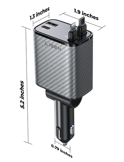 LISEN Retractable Car Charger, 84W Car Charger USB C Fast Charge,4 in 1