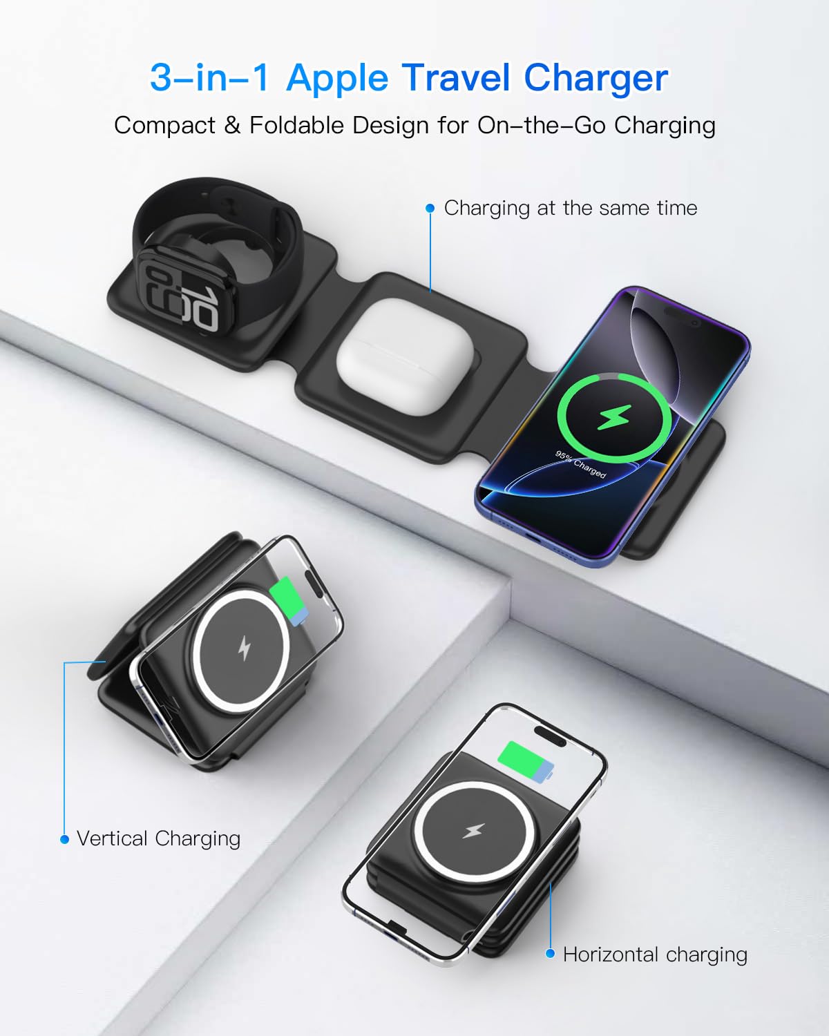 3 in 1 Charging Station, Foldable Magnetic Wireless Charger for iPhone & Watch