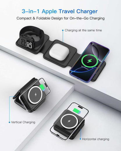 3 in 1 Charging Station, Foldable Magnetic Wireless Charger for iPhone & Watch