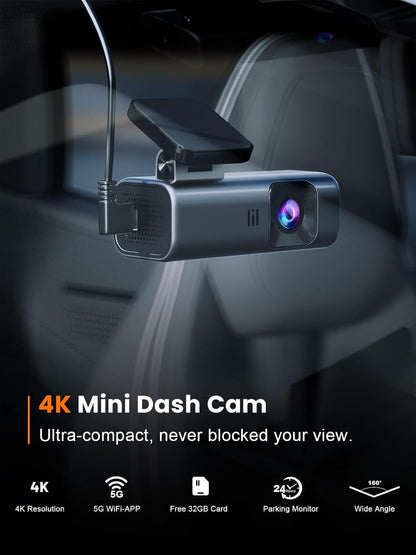 galphi 4K Dash Cam Front, 5GHz WiFi, 32GB Card Included, Mini Dashcam