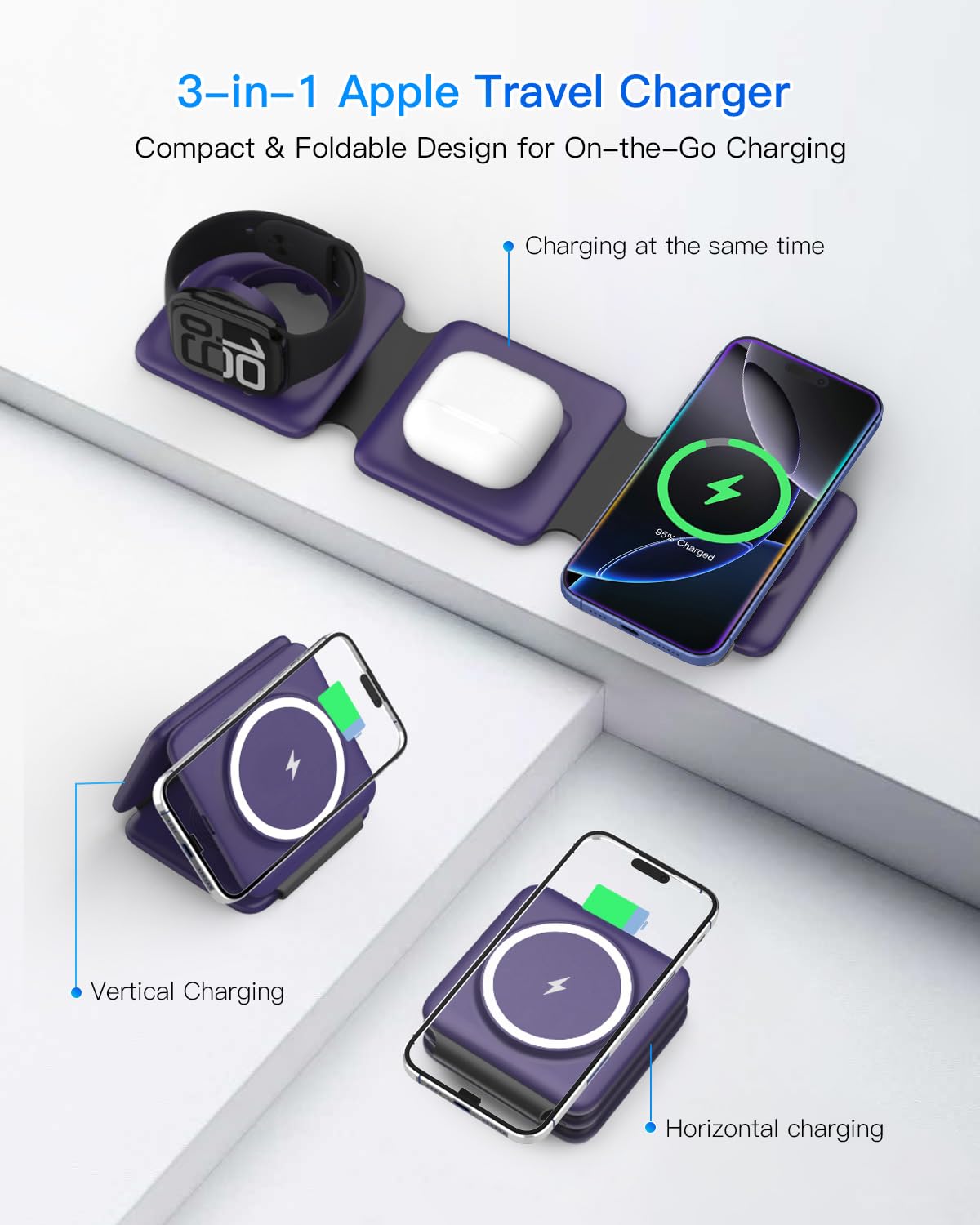 Charging Station for Apple Multiple Devices - 3 in 1 Foldable Magnetic Wireless Charger Dock - Travel Charging Pad for iPhone 17 16 15 14 13 12 Pro Max Plus Watch & Airpods