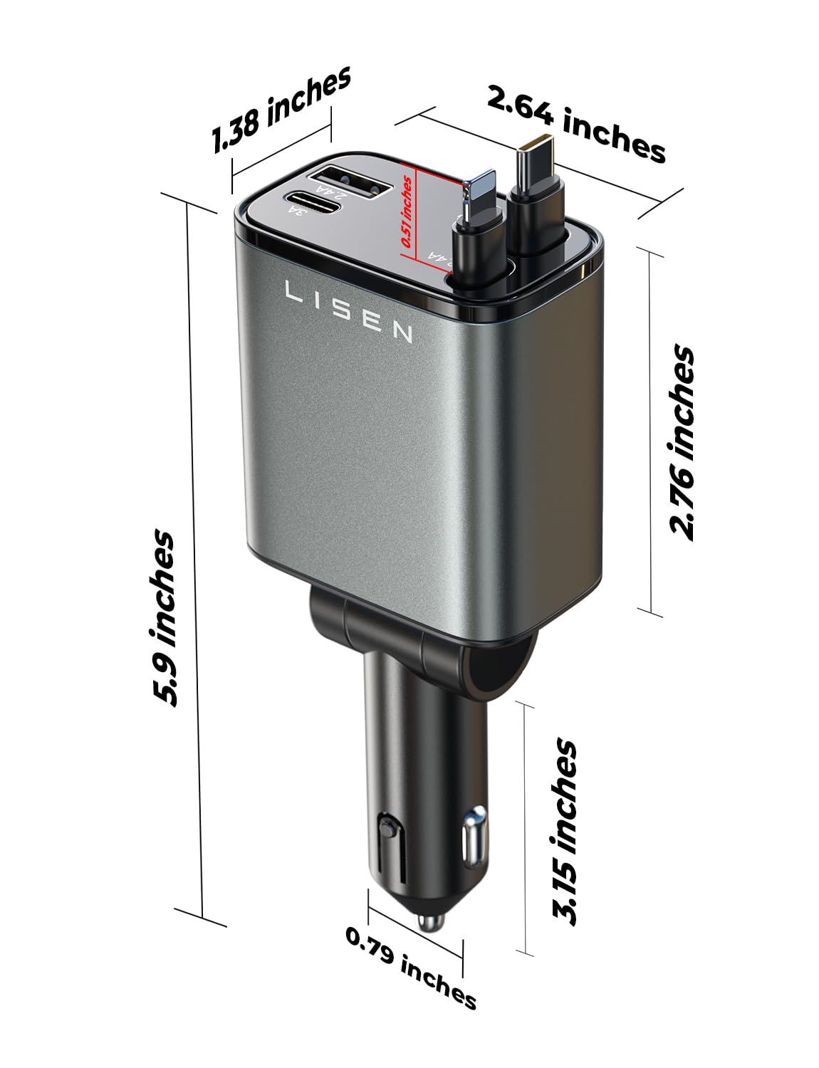 LISEN Retractable Car Charger, 84W Car Charger USB C Fast Charge,4 in 1