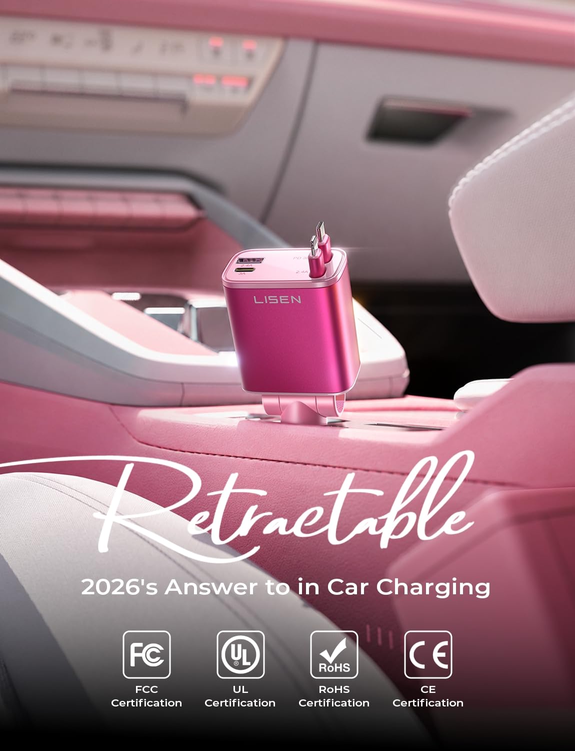 LISEN Retractable Car Charger, 84W Car Charger USB C Fast Charge,4 in 1
