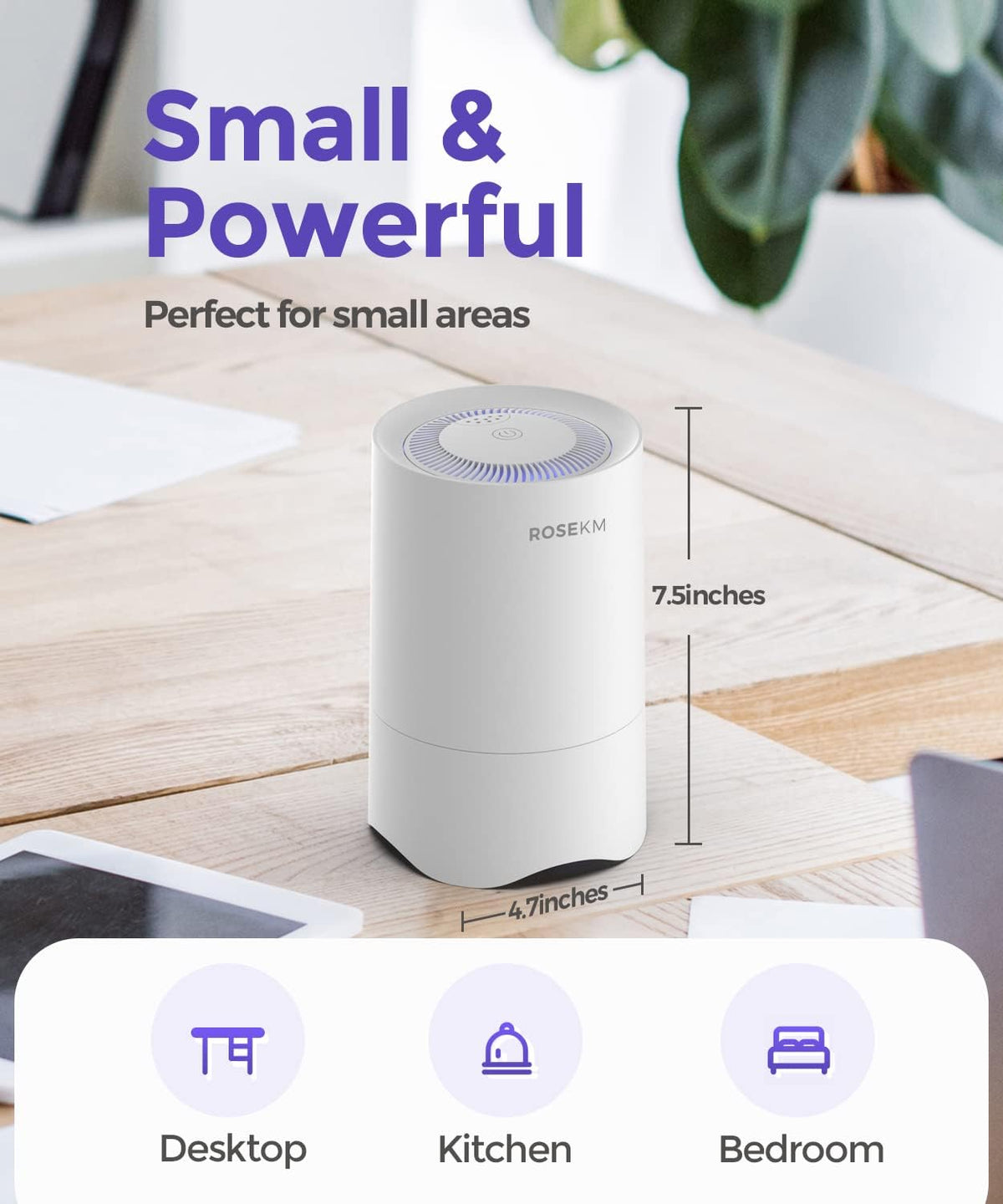 ROSEKM Small Air Purifier for Bedroom & Desk, 50 Sq Ft, H13 HEPA, White
