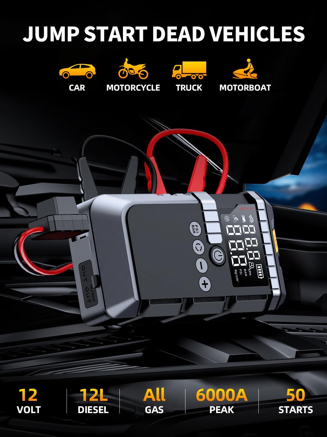 6000A Portable Battery Jump Starter with Air Compressor for Car