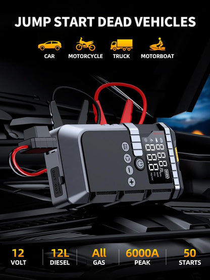 6000A Portable Battery Jump Starter with Air Compressor for Car