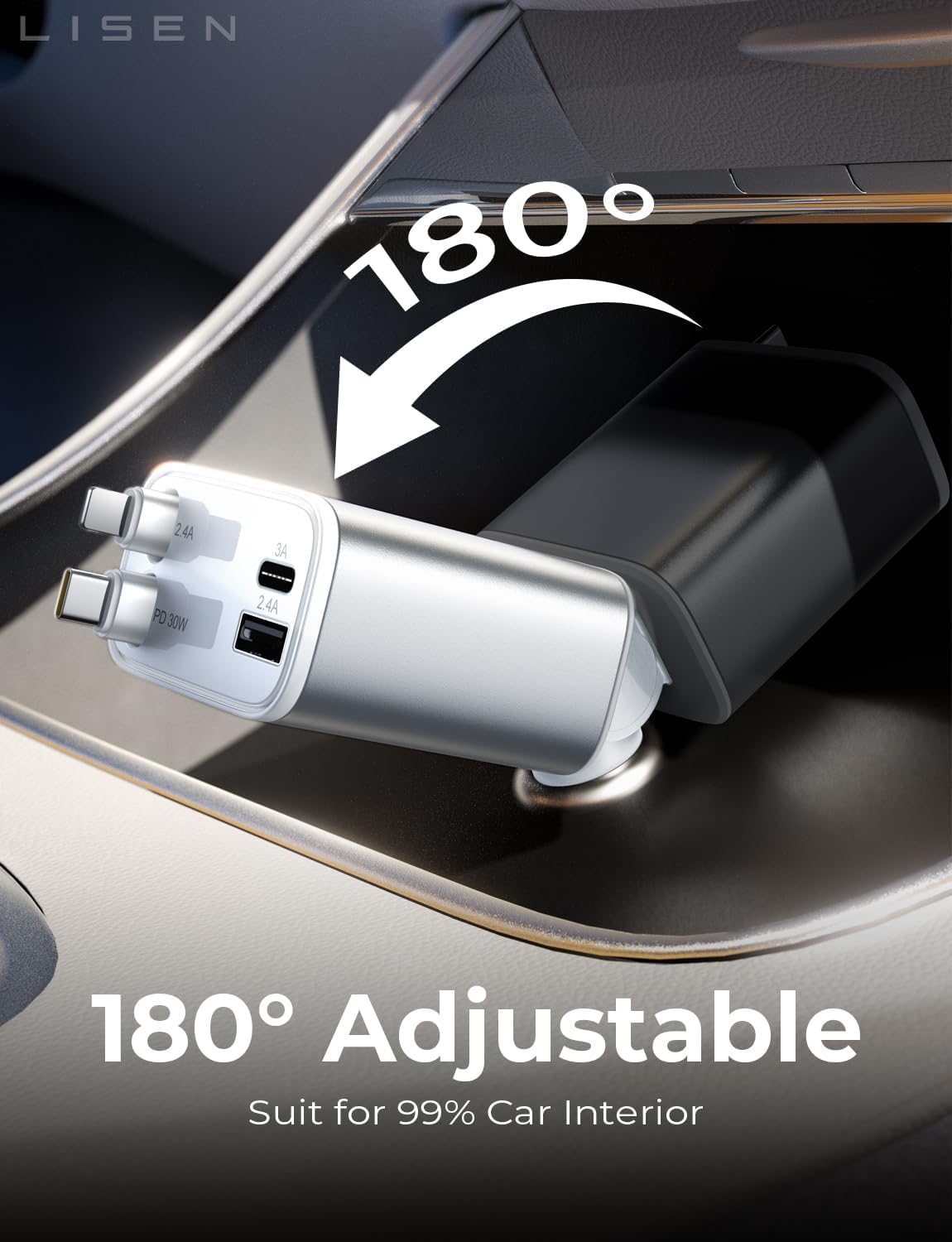 LISEN Retractable Car Charger, 84W Car Charger USB C Fast Charge,4 in 1