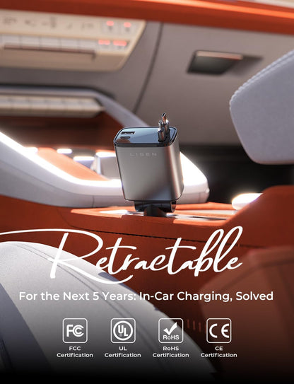 LISEN Retractable Car Charger, 84W Car Charger USB C Fast Charge,4 in 1