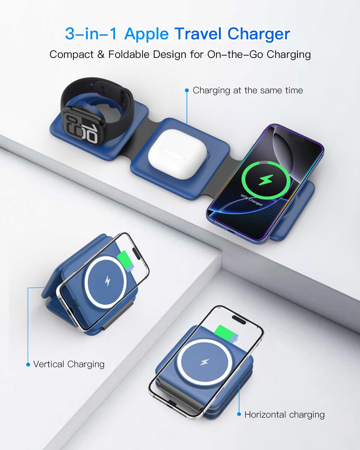 Charging Station for Apple Multiple Devices - 3 in 1 Foldable Magnetic Wireless Charger Dock - Travel Charging Pad for iPhone 17 16 15 14 13 12 Pro Max Plus Watch & Airpods