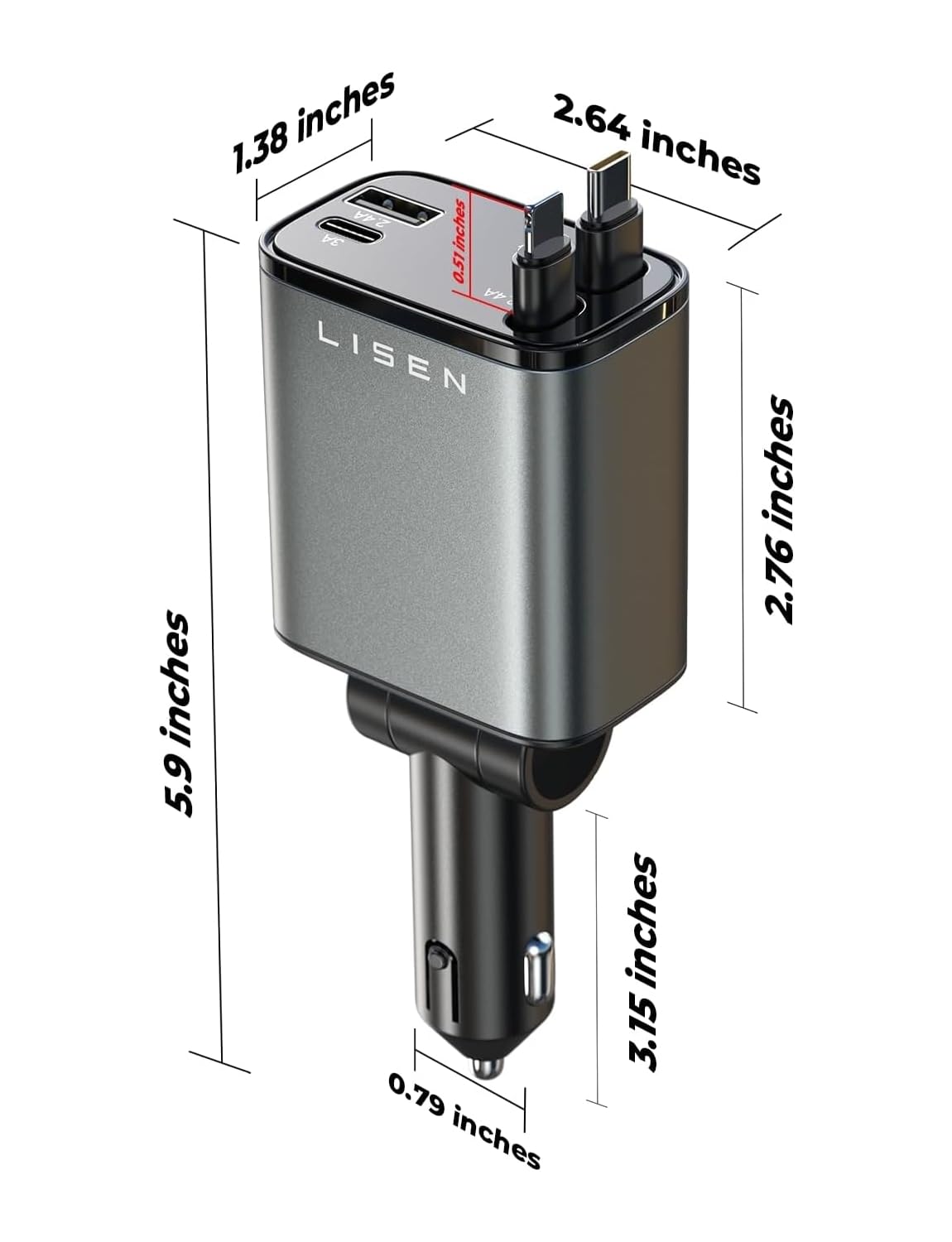 LISEN Retractable Car Charger, 84W Car Charger USB C Fast Charge,4 in 1