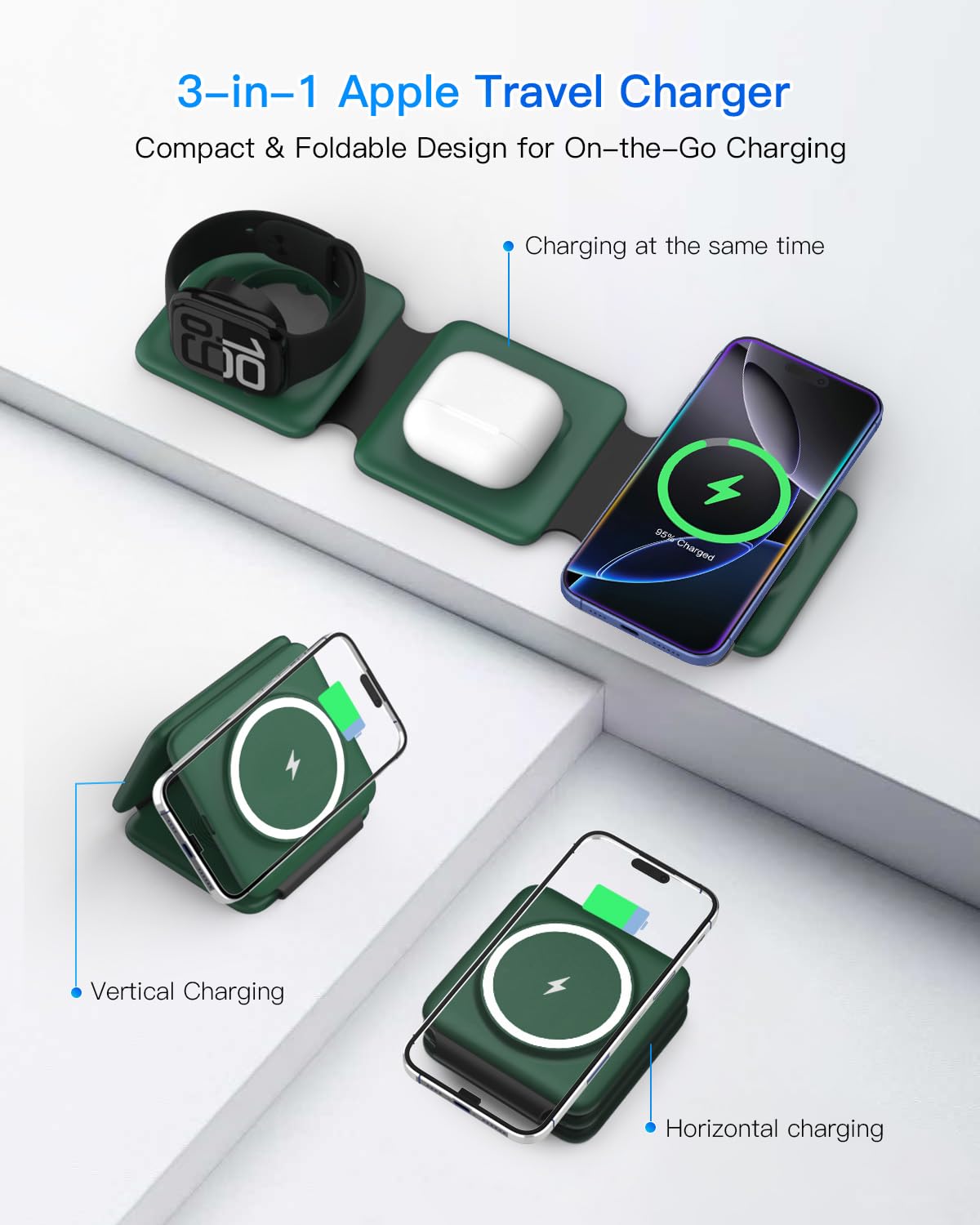 3 in 1 Charging Station, Foldable Magnetic Wireless Charger for iPhone & Watch