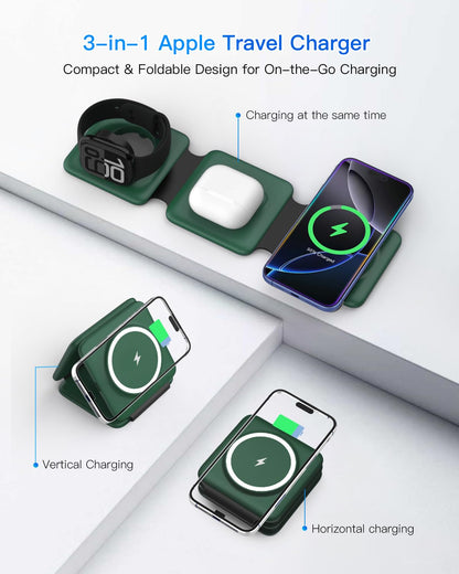3 in 1 Charging Station, Foldable Magnetic Wireless Charger for iPhone & Watch