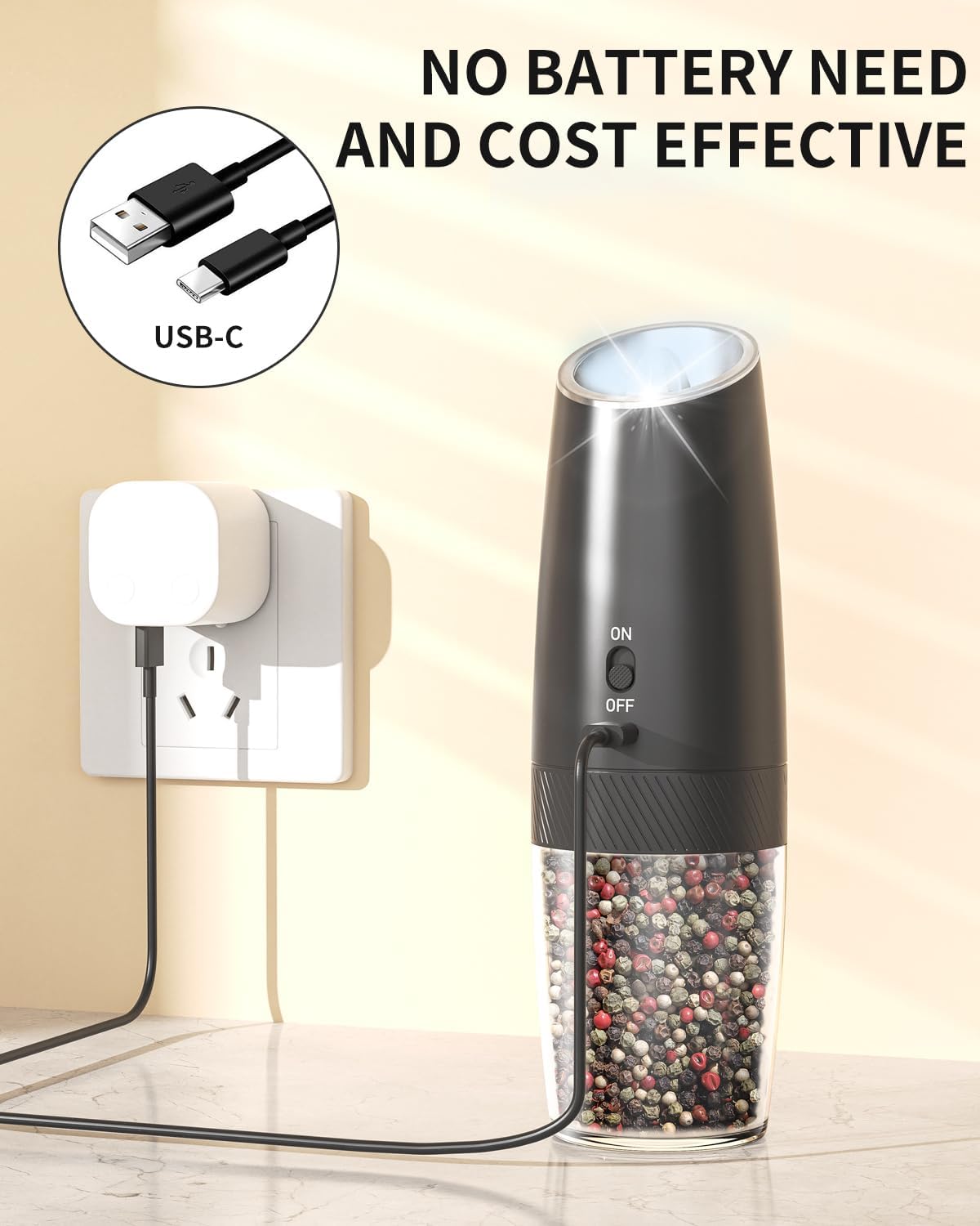 CIRCLE JOY Rechargeable Salt and Pepper Grinder Set Gravity Electric Salt and Pepper Grinder Set, LED Light, Adjustable Coarseness, for Home Kitchen BBQ, Black & White