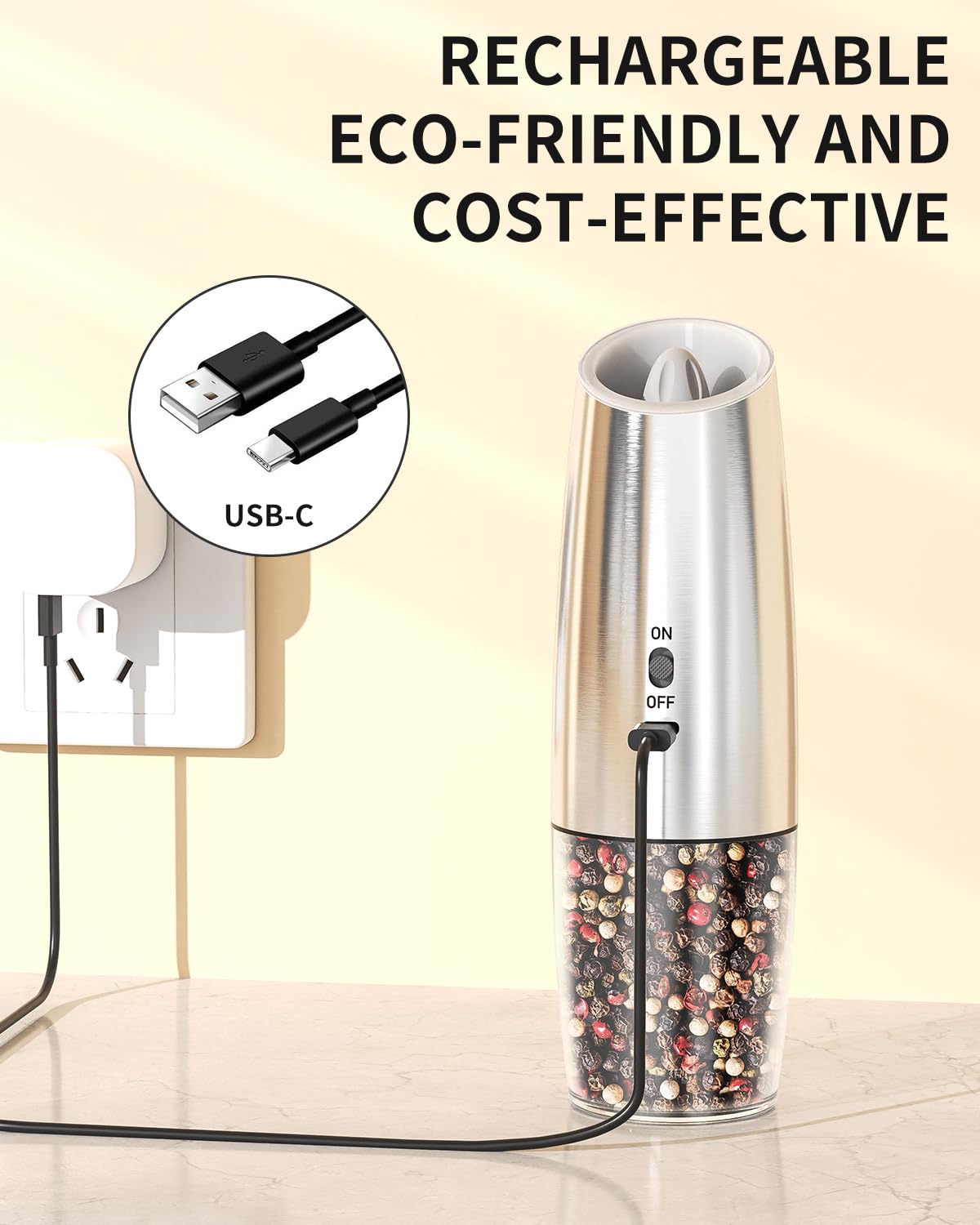 Electric Salt and Pepper Grinder Set, Gravity Rechargeable with LED