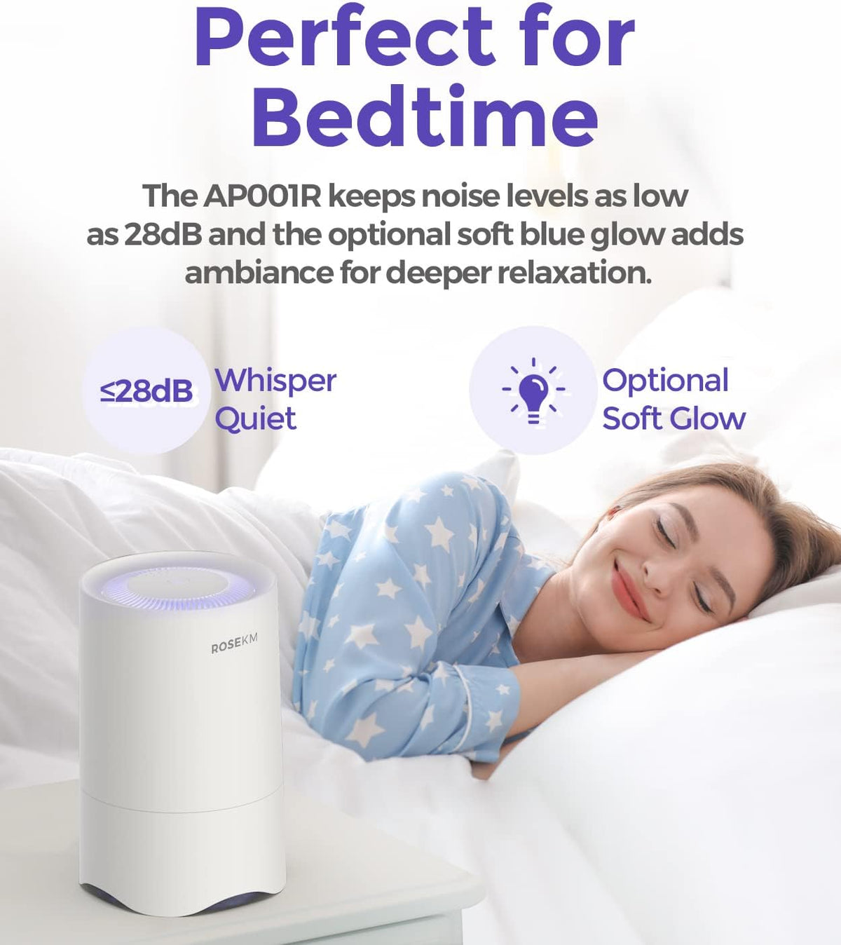 ROSEKM Small Air Purifier for Bedroom & Desk, 50 Sq Ft, H13 HEPA, White