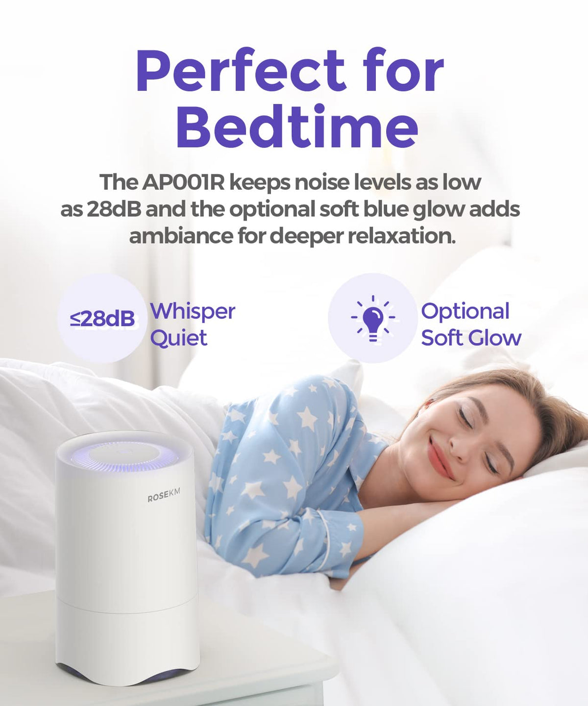 ROSEKM Small Air Purifier for Bedroom & Desk, 50 Sq Ft, H13 HEPA, White