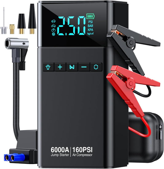 Car Jump Starter with Air Compressor 6000A, 160PSI Tire Inflator