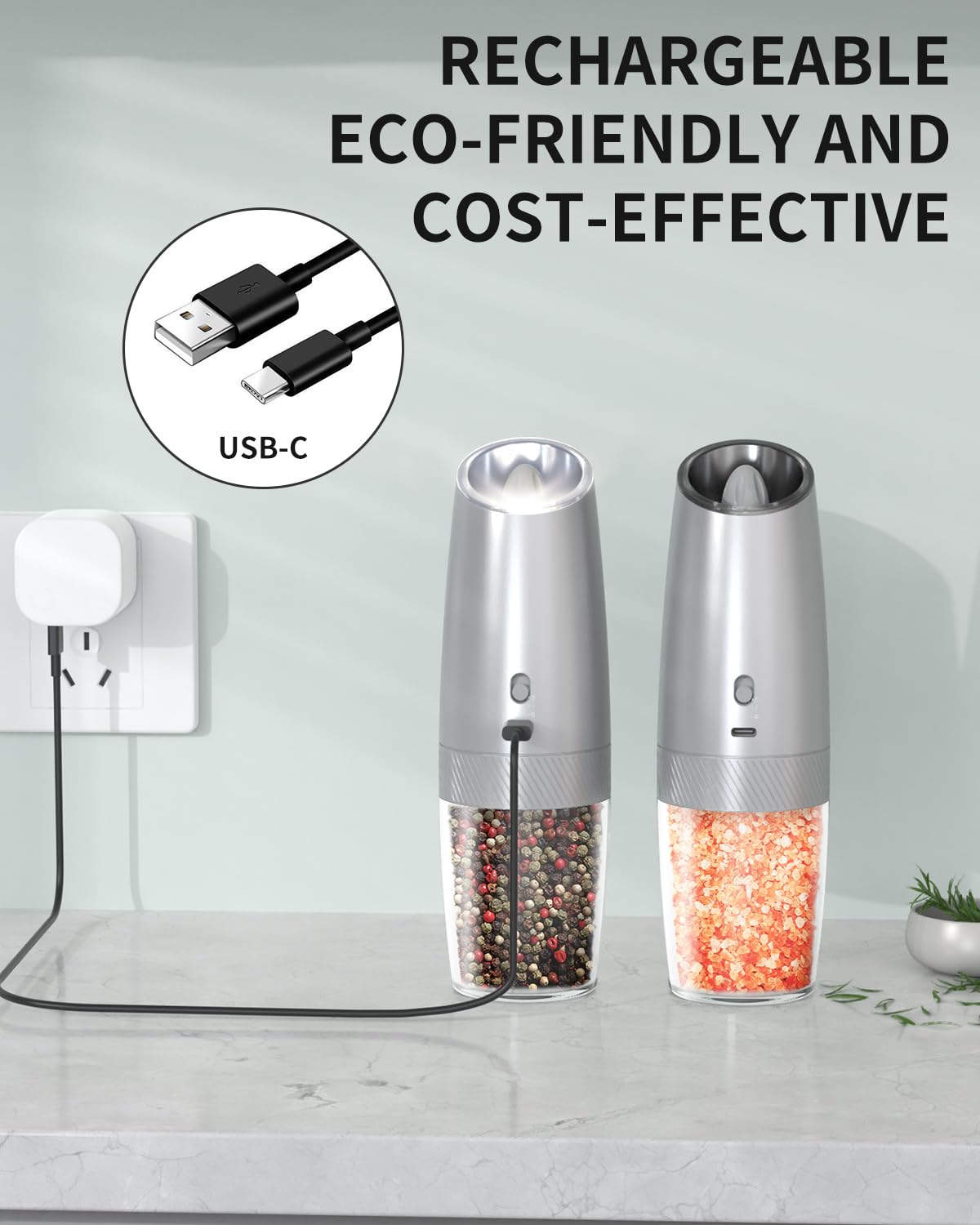 Electric Salt and Pepper Grinder Set, Gravity Rechargeable with LED
