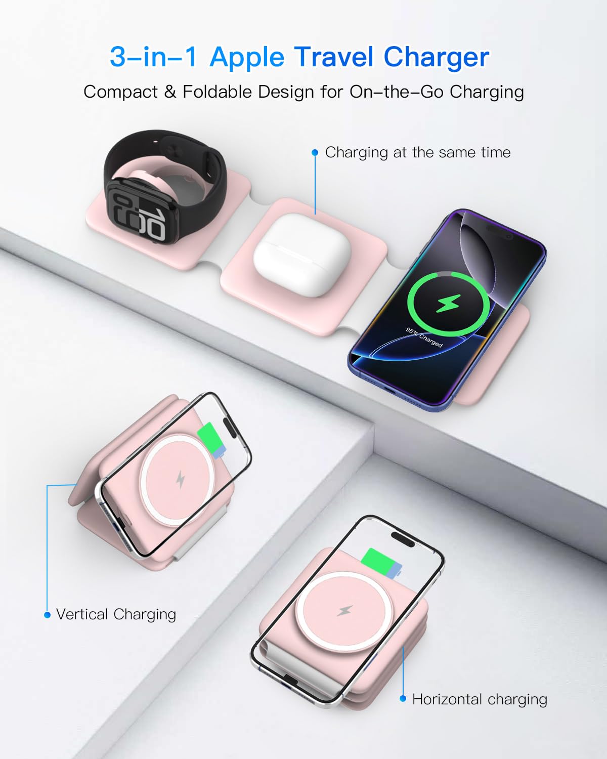 3 in 1 Charging Station, Foldable Magnetic Wireless Charger for iPhone & Watch