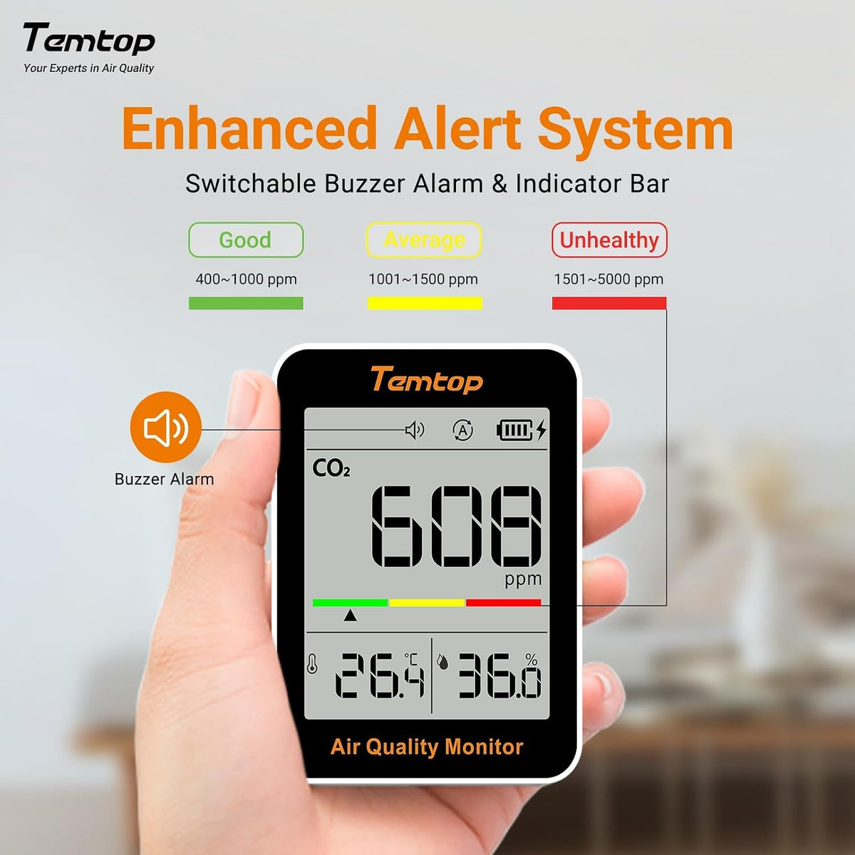 CO2 Monitor Indoor Air Quality Meter, Temperature & Humidity