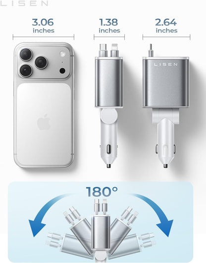 LISEN Retractable Car Charger, 84W Car Charger USB C Fast Charge,4 in 1