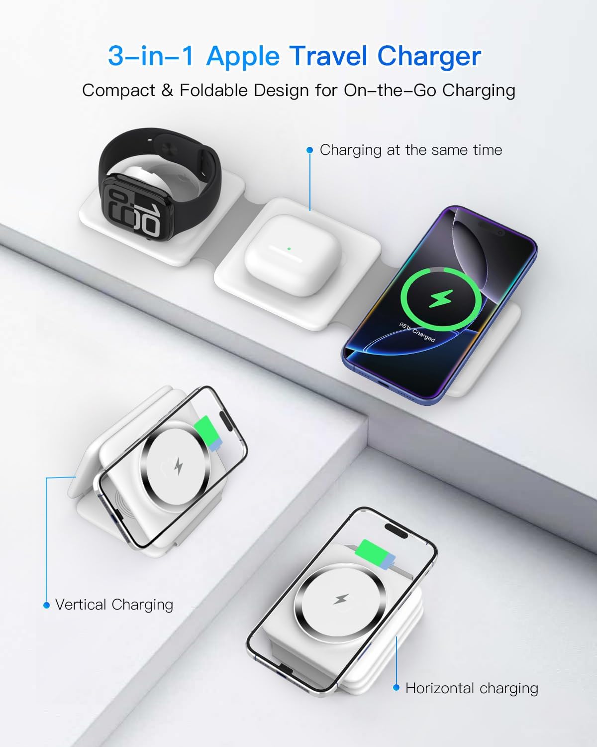 3 in 1 Charging Station, Foldable Magnetic Wireless Charger for iPhone & Watch