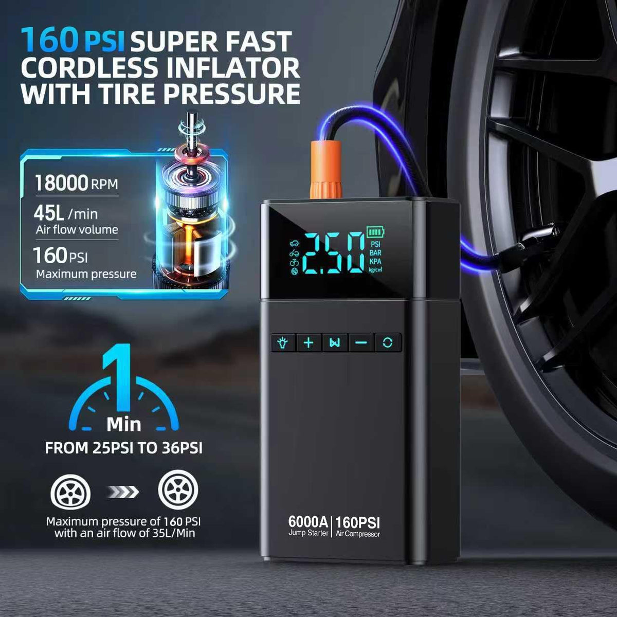 6000A Portable Car Battery Jump Starter with Air Compressor 160PSI