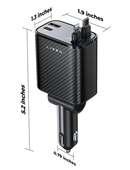 LISEN Retractable Car Charger, 84W Car Charger USB C Fast Charge,4 in 1