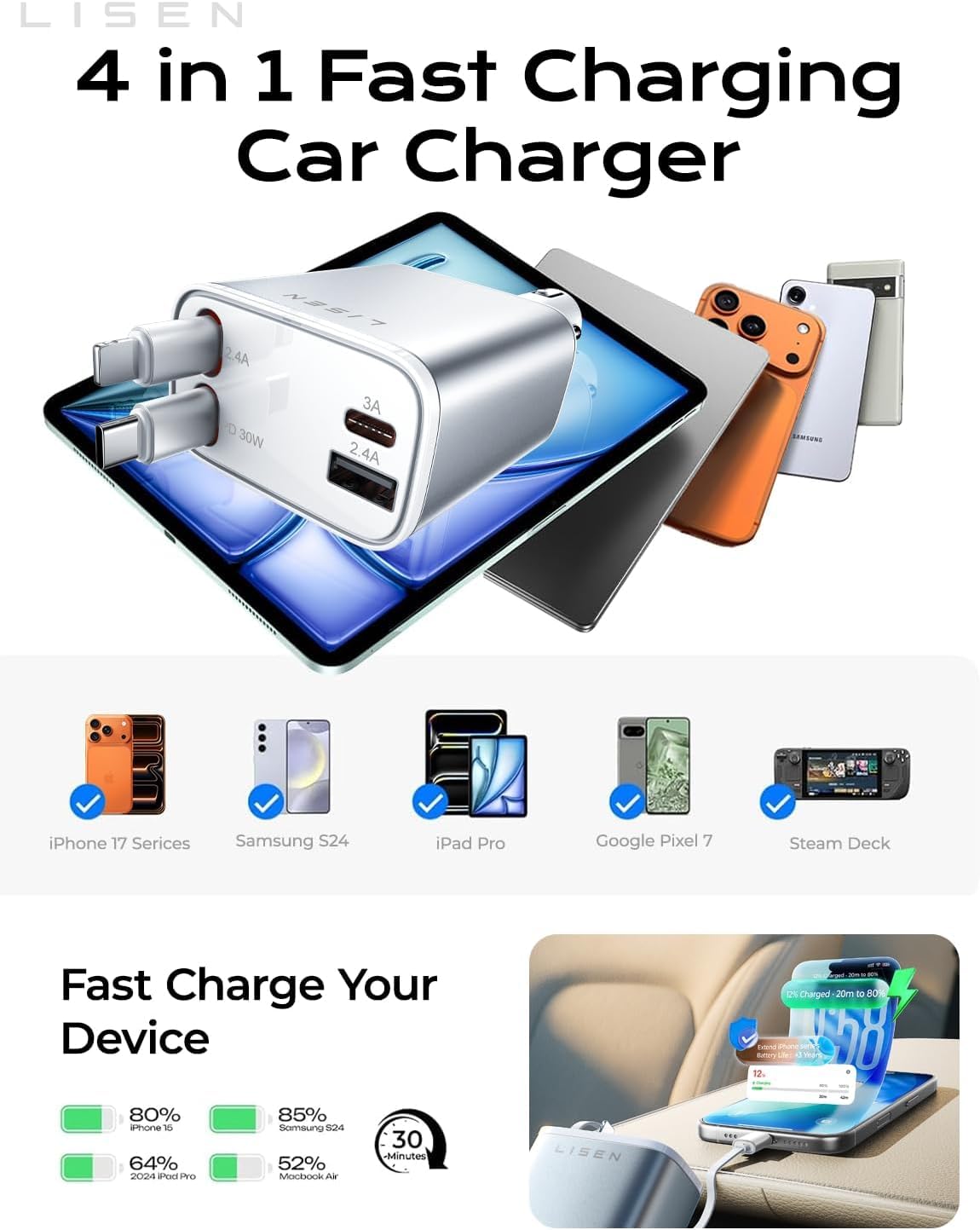 LISEN Retractable Car Charger, 84W Car Charger USB C Fast Charge,4 in 1