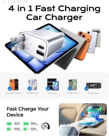 LISEN Retractable Car Charger, 84W Car Charger USB C Fast Charge,4 in 1