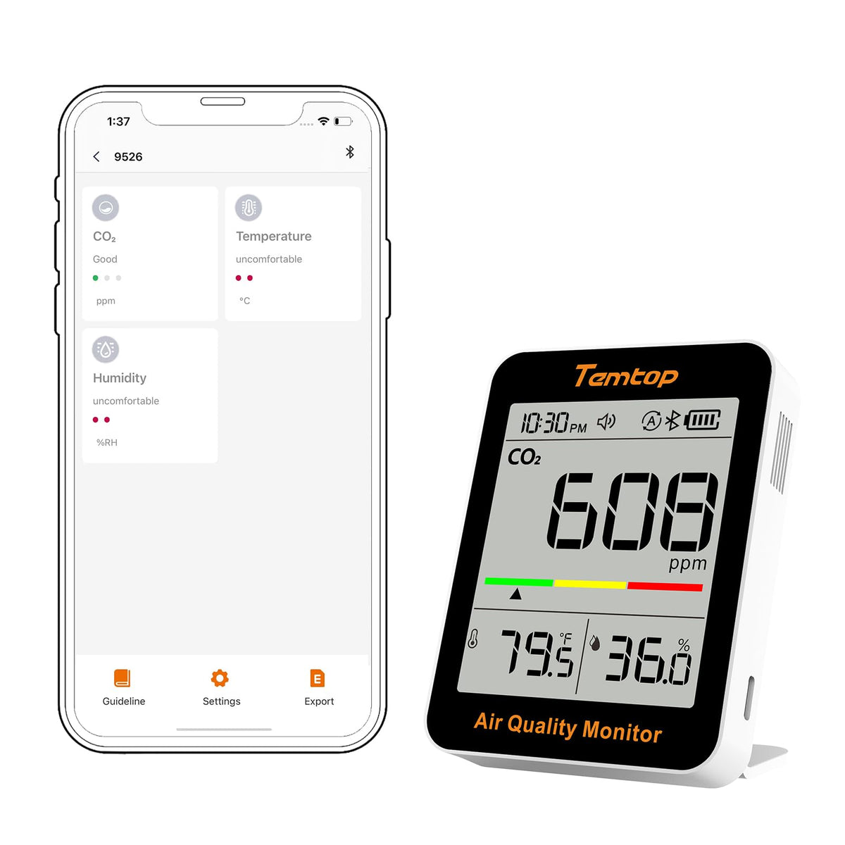 CO2 Monitor Indoor Air Quality Meter, Temperature & Humidity