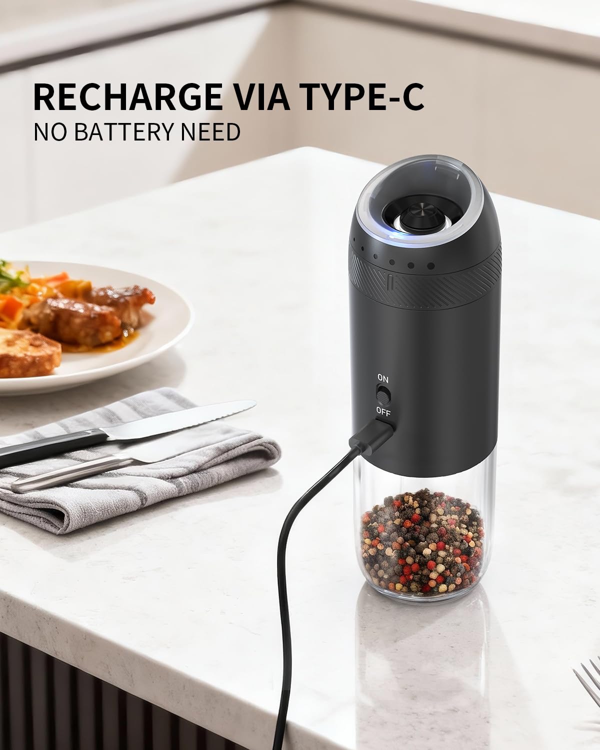 Electric Salt and Pepper Grinder Set, Gravity Rechargeable with LED