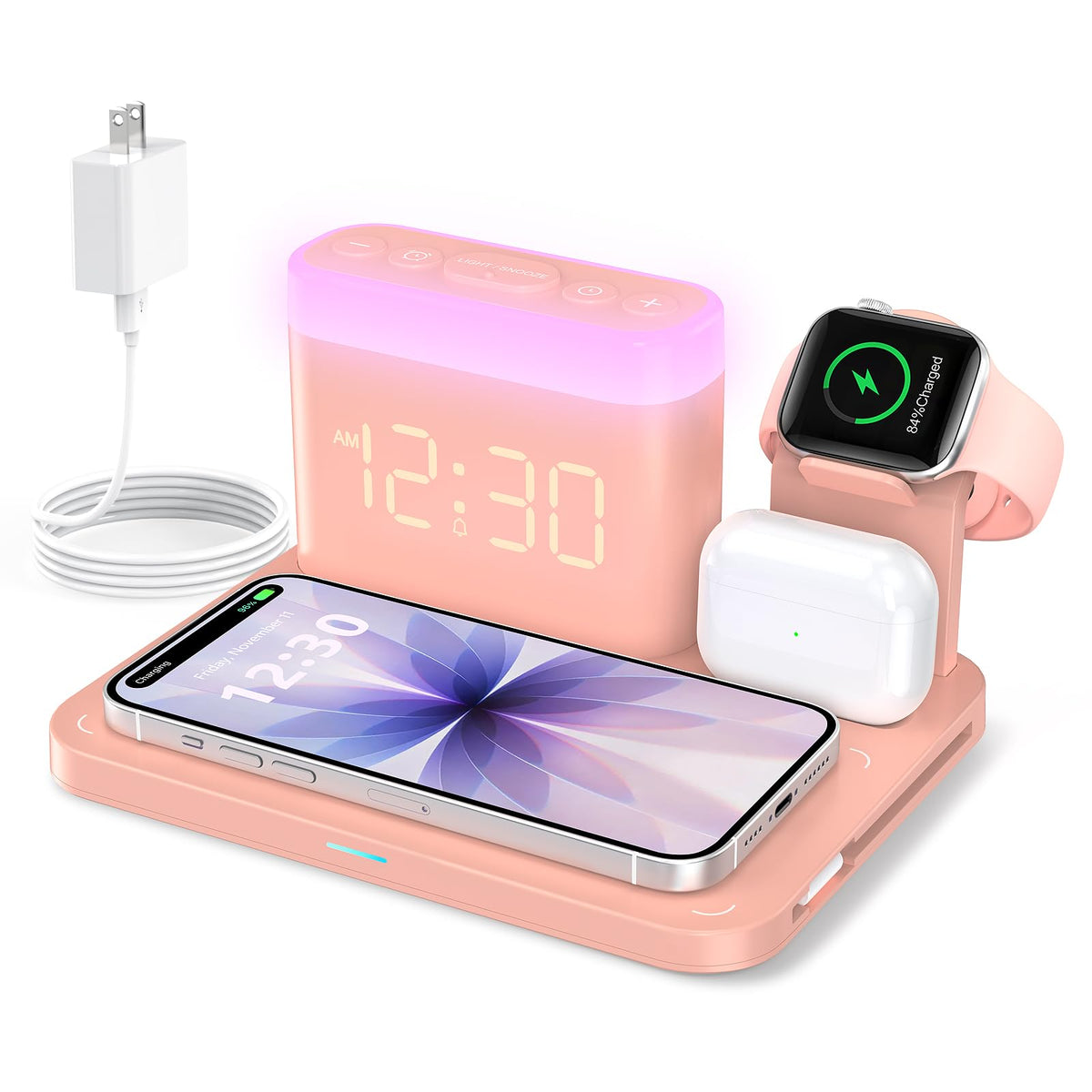 5 in 1 Wireless Charging Station with Alarm Clock & Night Light