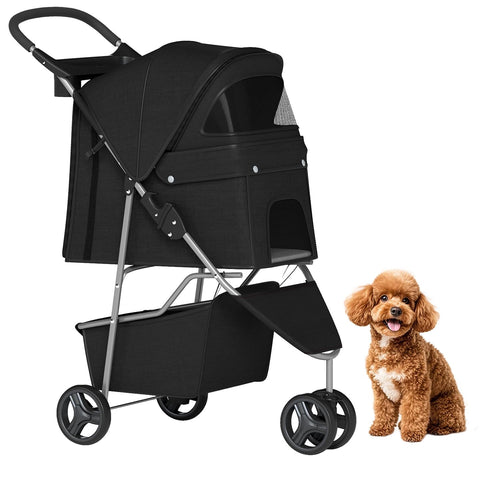 Pet Stroller for Dogs & Cats, 3 Wheel Foldable with Storage Basket