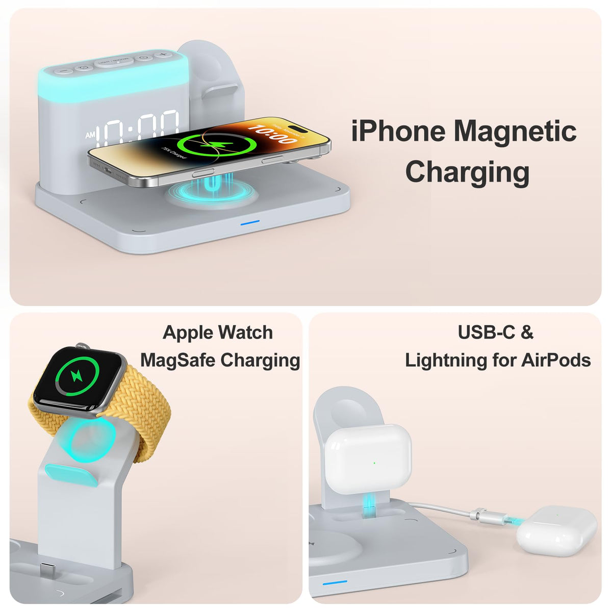 5 in 1 Wireless Charging Station with Alarm Clock & Night Light