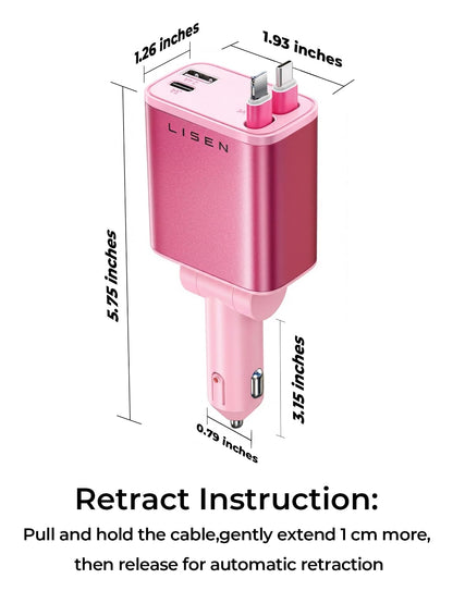 LISEN Retractable Car Charger, 84W Car Charger USB C Fast Charge,4 in 1