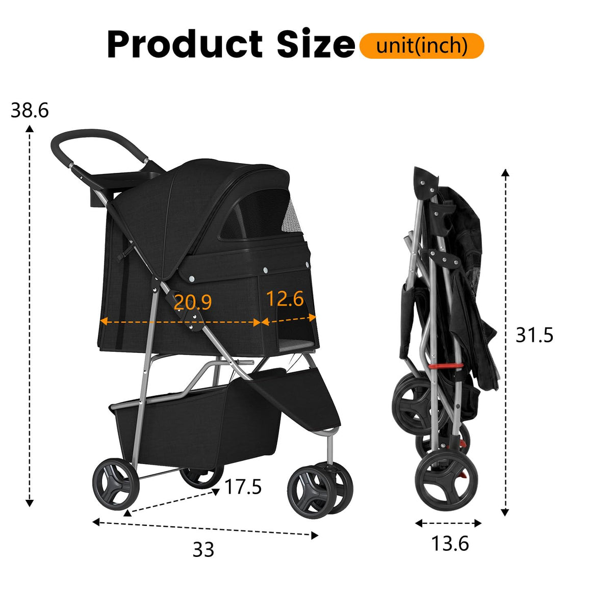 BestPet | 3-Wheel Pet Stroller | Dog and Cat Stroller | Breathable Mesh | Lightweight Travel Carrier | Waterproof & Foldable Design | Storage Basket | Black | for Daily Walks & Outdoor Use