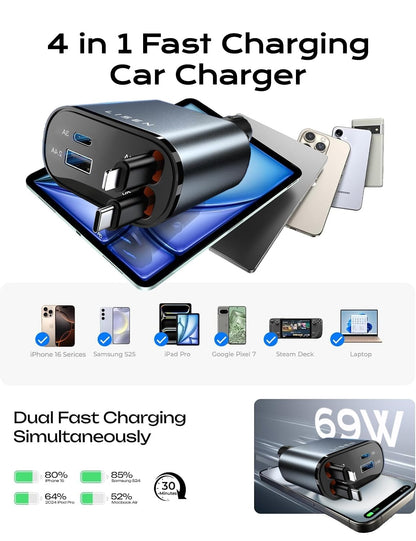 LISEN Retractable Car Charger, 84W Car Charger USB C Fast Charge,4 in 1