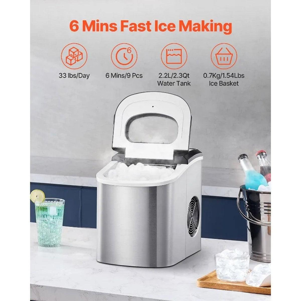 FrosTikox Compact Countertop Ice Maker Machine with 33lbs Daily Output