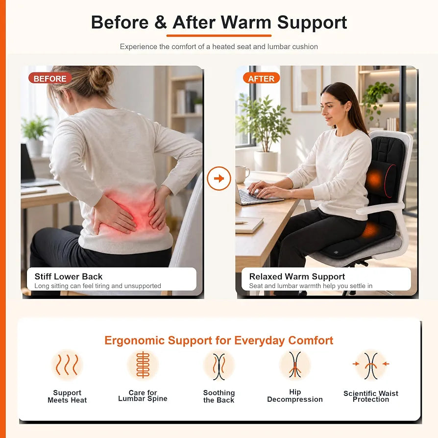 Melissa Heated Office Chair Cushion with Adjustable Lumbar Support and Ergonomic Design