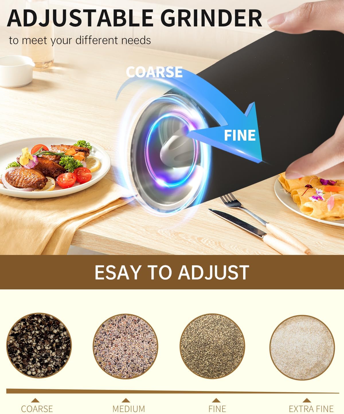 CIRCLE JOY Rechargeable Salt and Pepper Grinder Set Gravity Electric Salt and Pepper Grinder Set, LED Light, Adjustable Coarseness, for Home Kitchen BBQ, Black & White