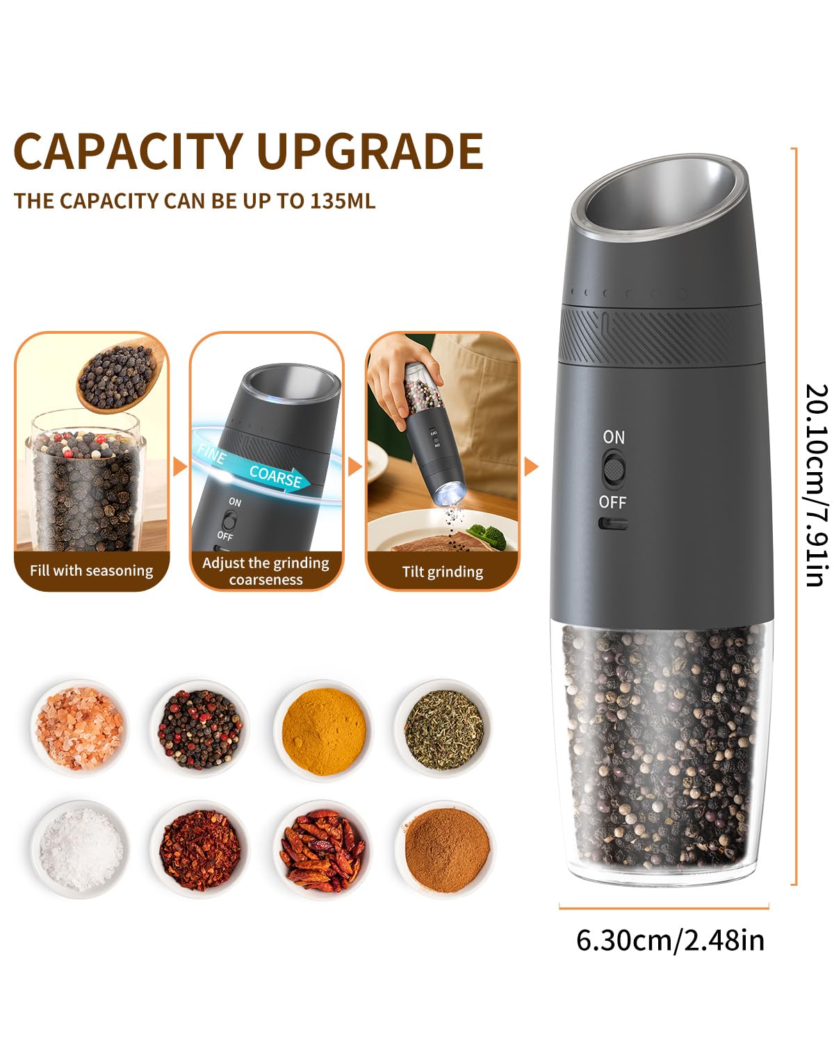 CIRCLE JOY Rechargeable Salt and Pepper Grinder Set Gravity Electric Salt and Pepper Grinder Set, LED Light, Adjustable Coarseness, for Home Kitchen BBQ, Black & White