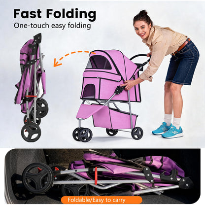 Pet Stroller for Dogs & Cats, 3 Wheel Foldable with Storage Basket