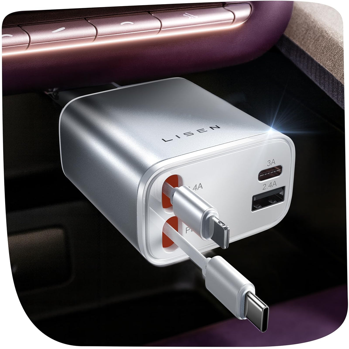 LISEN Retractable Car Charger, 84W Car Charger USB C Fast Charge,4 in 1