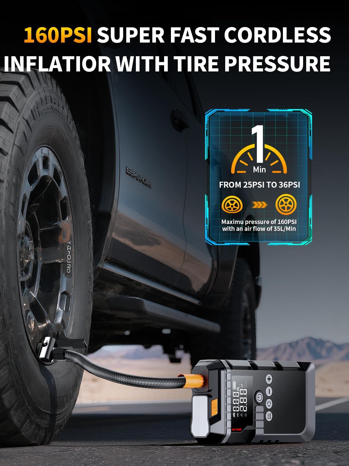 6000A Portable Battery Jump Starter with Air Compressor for Car