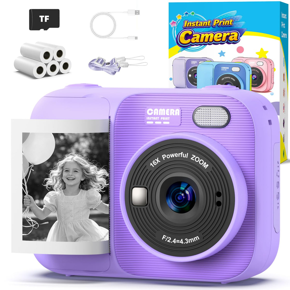Kids Instant Print Camera with 5 Rolls Print Paper, 1080P HD Camera, Rechargeable Portable Toddler Selfie Camera, Christmas Birthday Gifts Toys for Boys Girls Age 3-12 (Red & Blue)
