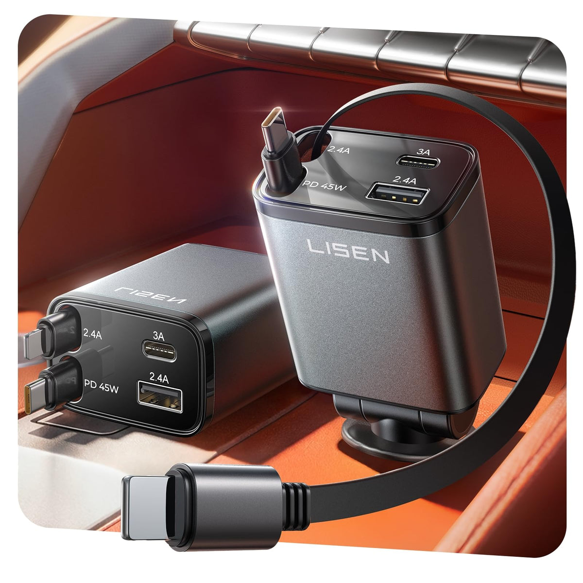 LISEN Retractable Car Charger, 84W Car Charger USB C Fast Charge,4 in 1